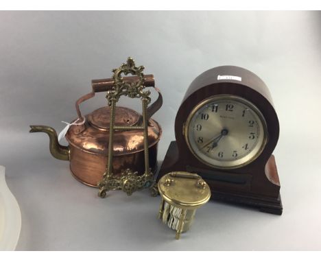 EDWARDIAN MAHOGANY 'BULL-CLOCK' MANTEL CLOCK, 23cm high, with a wall bracket, along with parts of two perpetual calendars, a 