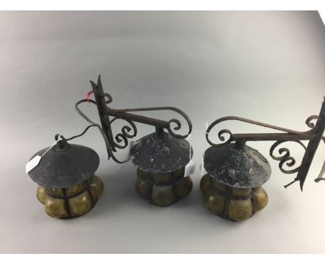 A PAIR OF METAL WALL LIGHTS, with glass shades and a matching ceiling light (3)