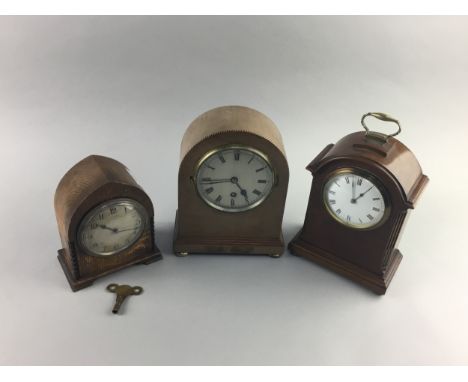 OAK CASED MANTEL CLOCK, the dial James Weir Ltd Glasgow, along wIth two other dome cased mantel clocks (3)