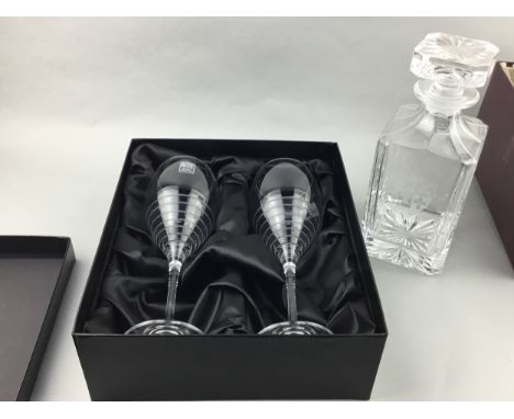 PAIR OF WINE GLASSES, in fitted case, along with a cased decanter