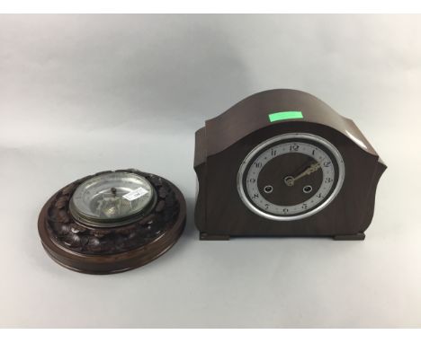 VICTORIAN ANEROID BAROMETER, along with a mantel clock (2)