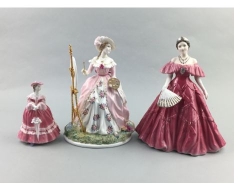 ROYAL WORCESTER FIGURE OF 'QUEEN ELIZABETH THE QUEEN MOTHER', No 1561, 22cm high, along with six other Royal Worcester figure