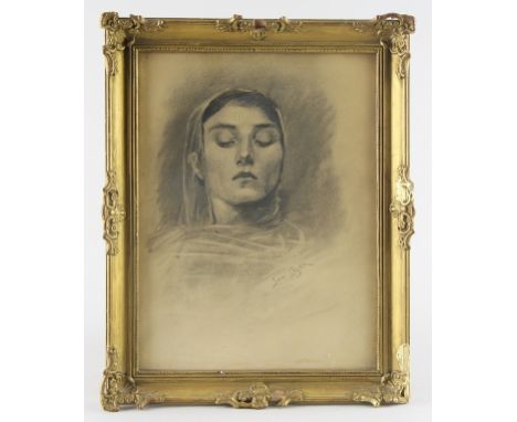 Styka, Jan (Lemberg 1858 - 1925 Rom)Zeichnung, Bleistift und Kohle gewischt auf chamoisfarbenem Papier, Portrait einer jungen