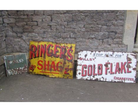 Three vintage enamel signs advertising Wills's Gold Flake Cigarettes, 122cm x 64cm, further Wills's Woodbine, 46cm square and