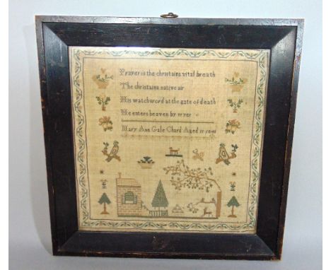 Mid-19th century wool work embroidered panel, decorated with hoses, trees and birds, by Mary Anne Gaile Chard, dated 1940, 31