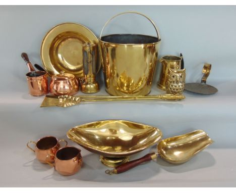 A box of various polished brassware to include a brass pail, a coal scoop, various companion tools, jug, further copper ware