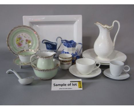 A collection of ceramics including a Wedgwood Fallow Deer pattern helmet shaped blue and white printed jug, further blue and 