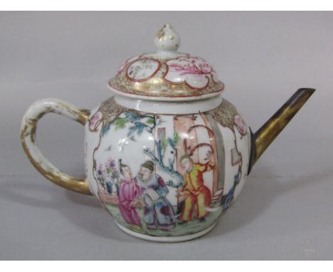 19th century Cantonese type teapot of globular form with polychrome painted character detail and brass spout, 14cm tall appro