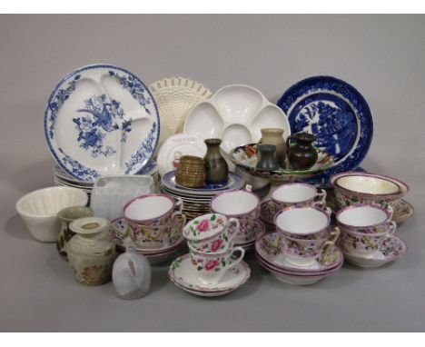 A collection of 19th century and later ceramics including pink lustred tea wares comprising two bowls, ten cups, twelve sauce