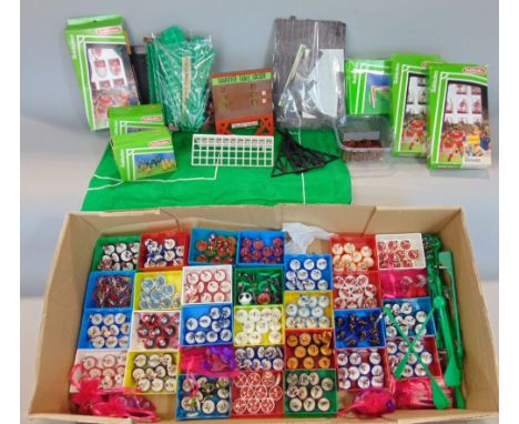 Large collection of Subbuteo pieces including three boxed teams, over 30 unboxed teams, boxed goals, mounted police and TV cr