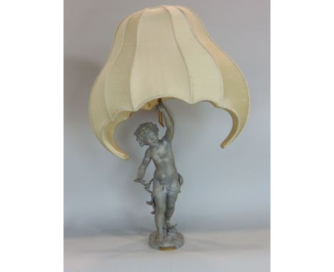 Good quality cast spelter figural table lamp marked Ferrand in the form of a cherub, 65 cm high including shade