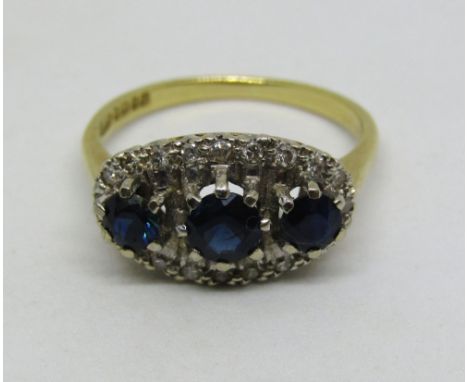 Vintage 18ct sapphire and diamond ring, size P/Q, 5.3g, together with a small quantity of costume jewellery (4)