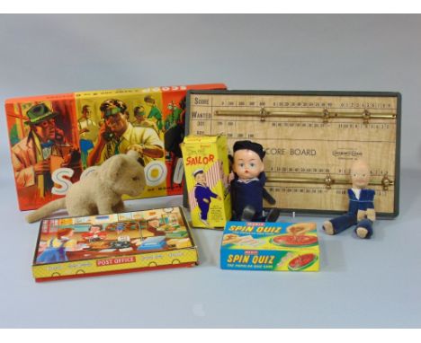 Vintage games including Scoop, Spin Quiz and Post Office, together with boxed sailor puppet, a Norah Wellings doll (af) a Cla