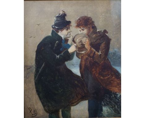 B Perry - (late 19th century school) - A Difficult Job, two gentlemen attempting to light a cigarette on a windy day, oil on 
