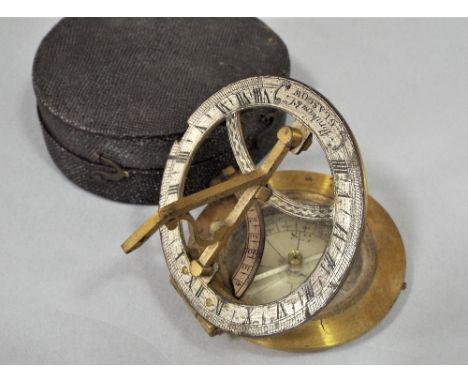19th century pocket sundial compass with shagreen case, principally in brass with a silvered dial by Abraham &amp; Co, Glasgo