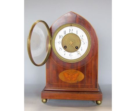 Edwardian mahogany lancet mahogany and boxwood inlaid mantel clock, the gilt metal dial with enamelled chapter ring with Arab
