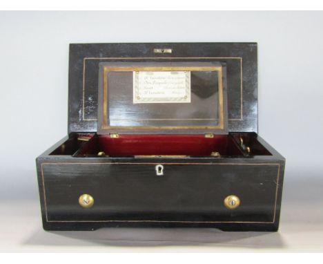 Swiss ebonised music box, the hinged lid enclosing a polished interior, playing on four airs, 36cm long