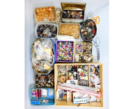 Two boxes of haberdashery including large quantity of vintage buttons, beads, pinking shears and scissors, sewing kit, etc (2