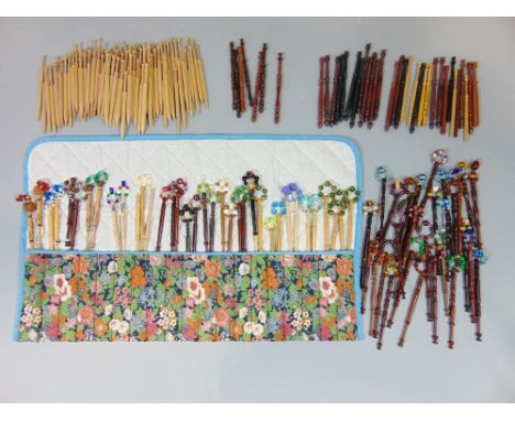 Collection of vintage lace bobbins including 28 spangled bobbins, SMP type wooden bobbins, 8 Australian wood bobbins, 36 wood