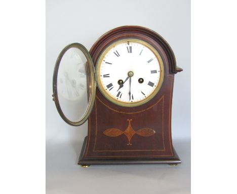 Edwardian twin train, boxwood inlaid, mahogany lancet type mantel clock, the twin train convex enamelled dial painted with Ro