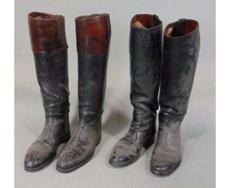 Two pairs of vintage black leather hunting boots, soles 30 cm max