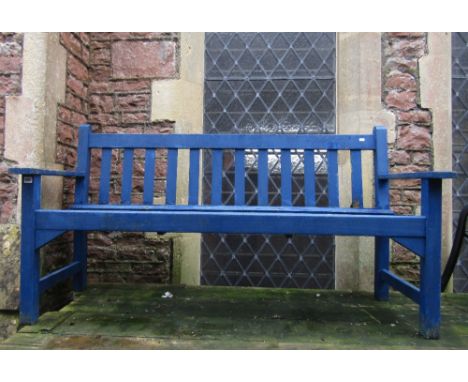 A teak garden bench, with slatted seat and back and later blue painted finish, 5ft long approx.