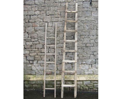A rustic eight rung wooden ladder of slightly tapered form 255cm long, together with one other (to be sold for display purpos