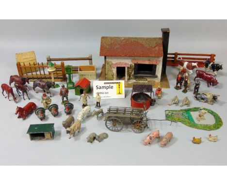 Large vintage model farm collection including people, animals (many by Britain) sheds and pens, wheeled cart, etc