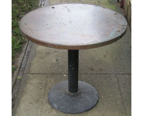 A green painted folding, light steel cafe table, together with one other with circular copper top (2)