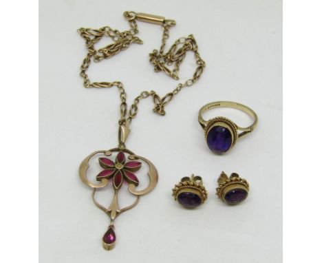 Group of 9ct jewellery comprising an amethyst ring and matching pair of stud earrings, together with an art nouveau floral dr