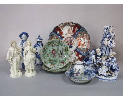 A collection of oriental and other ceramics including an Imari dish, 30cm diameter, two Cantonese type dishes, a pair of 19th