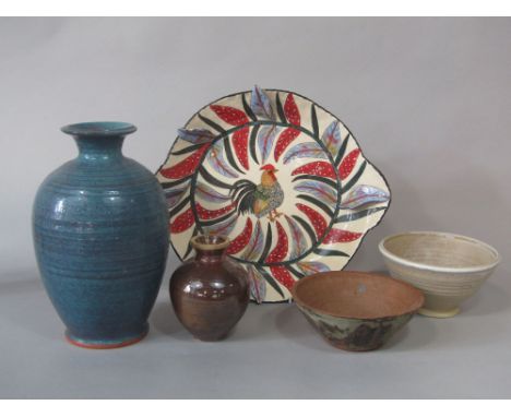 A collection of studio pottery wares by Denis Moore (British 1908-1977) for Green Dene Pottery, comprising a vase with blue g