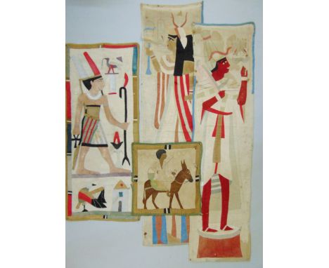 Collection of textile panels, showing ancient Egyptian figures and hieroglyphs appliqued on a coarse weave cotton ground, lar