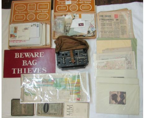 A box containing FDCs, unsorted loose stamps, metal collecting cards, assorted maps and ordnance survey maps, a navigational 