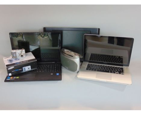 A mixed electrical lot to include Apple Mac laptop, Lenovo laptop, Strato television, radio and Samsung camera (5)