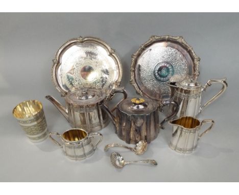 Regency style silver plated four-piece tea service comprising teapot, water pot, milk jug and sucrier, together with two silv