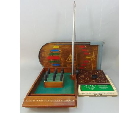 Vintage games of table skittles and (Bagatelle style) Pin Cricket, together with a House of Marbles Victorian hoop game (boxe