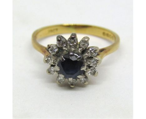 18ct sapphire and diamond cluster ring, size J/K, 3g