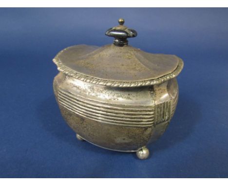 Late Victorian silver caddy of faceted ovoid form, with pagoda type lid and bowl with banded decoration, upon ball feet, make