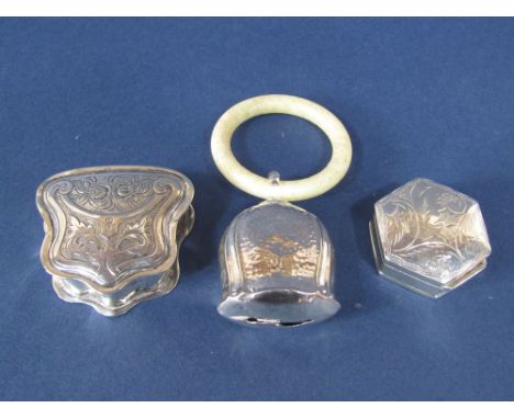 Victorian style silver serpentine pill box, the hinged lid engraved with scrolled foliage, with a further hexagonal pill box 