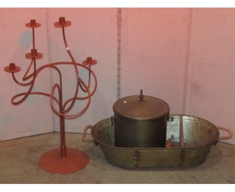 A painted steel candelabra with five entwined branches, raised on a circular platform base, together with an anodised coal bi