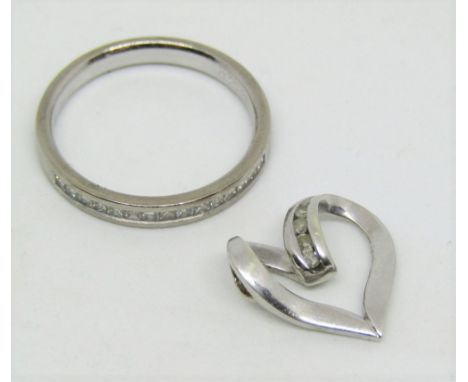 18ct white gold half eternity ring set with princess cut diamonds, size L, together with a diamond set 9ct white gold heart s