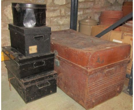One lot of vintage japanned tin dead boxes, and other trunks