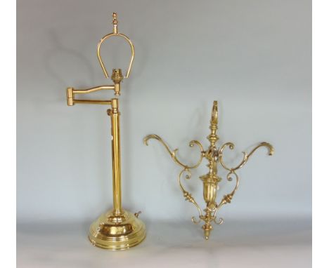 Hanging brass ceiling light in the manner of Benson, together with a further brass table lamp with articulated arm (2)