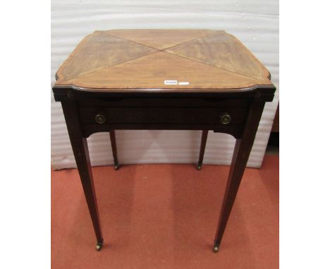 An inlaid Edwardian mahogany envelope card table, fitted with a frieze drawer, raised on square tapering supports, with satin