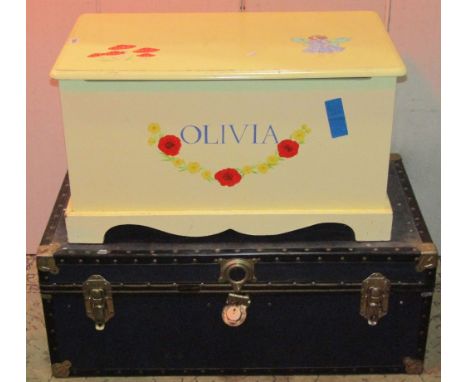 A contemporary cabin trunk with re-enforced borders and fittings, a smaller similar case, a child's toy box with hinged lid, 