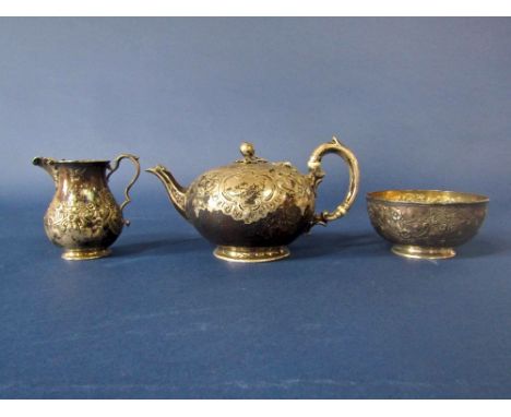 Victorian three piece ovoid bachelor tea service comprising teapot, milk jug and sucrier, maker EJBWJ, London 1870s, the teap