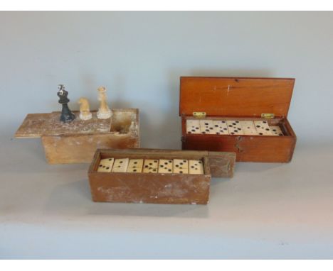 19th century mahogany cased part set of dominoes together with a further early 20th century example and another cased chess s
