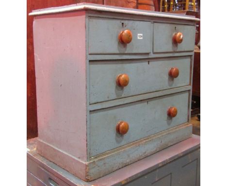 A small low Victorian pine chest of two short over two long drawers, with turned handles and light blue panted finish, 82cm w