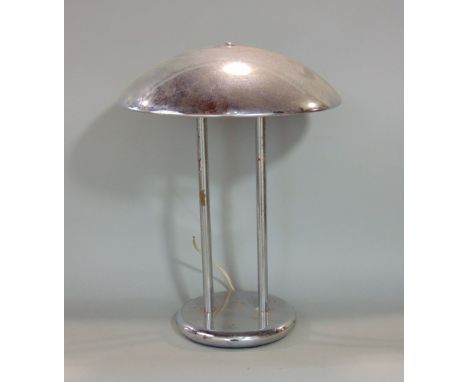 Art deco Bauhaus style chrome desk lamp, on two tubular columns and circular base, 45cm high